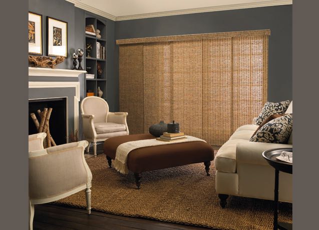 Salt Lake City Living room with navy walls and beige sliding panel tracks.